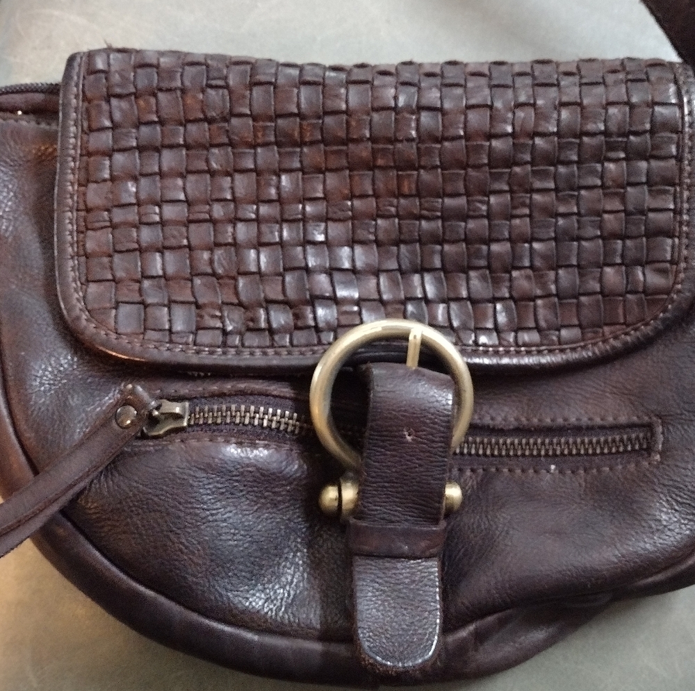 Brown Leather Woven Flap Bag